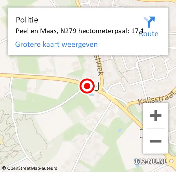 Locatie op kaart van de 112 melding: Politie Peel en Maas, N279 hectometerpaal: 17,1 op 4 februari 2022 11:16