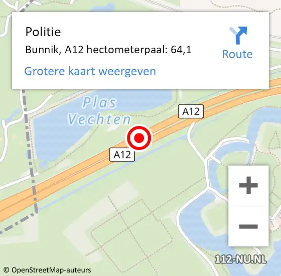 Locatie op kaart van de 112 melding: Politie Bunnik, A12 hectometerpaal: 64,1 op 4 februari 2022 11:59