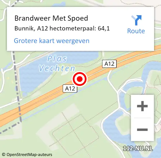 Locatie op kaart van de 112 melding: Brandweer Met Spoed Naar Bunnik, A12 hectometerpaal: 64,1 op 4 februari 2022 13:07