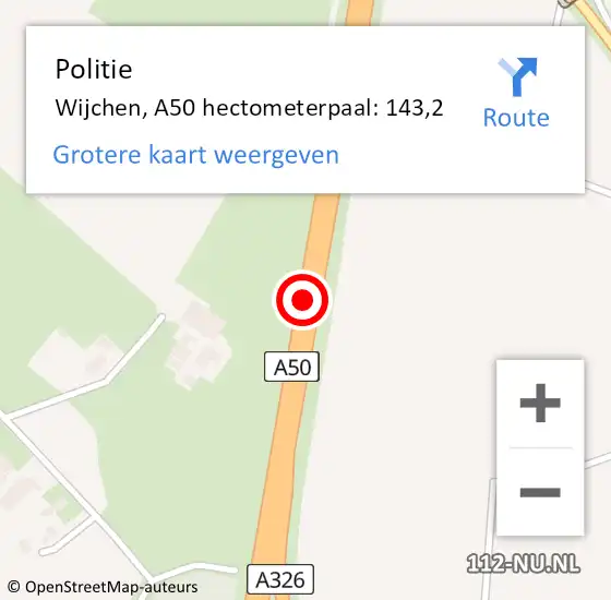 Locatie op kaart van de 112 melding: Politie Wijchen, A50 hectometerpaal: 143,2 op 4 februari 2022 13:22