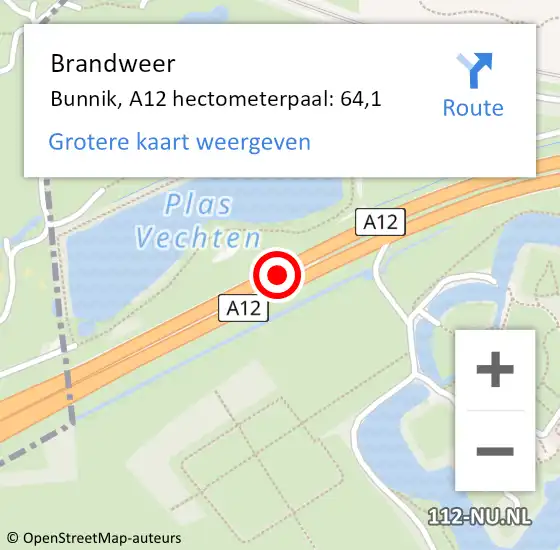 Locatie op kaart van de 112 melding: Brandweer Bunnik, A12 hectometerpaal: 64,1 op 4 februari 2022 14:32