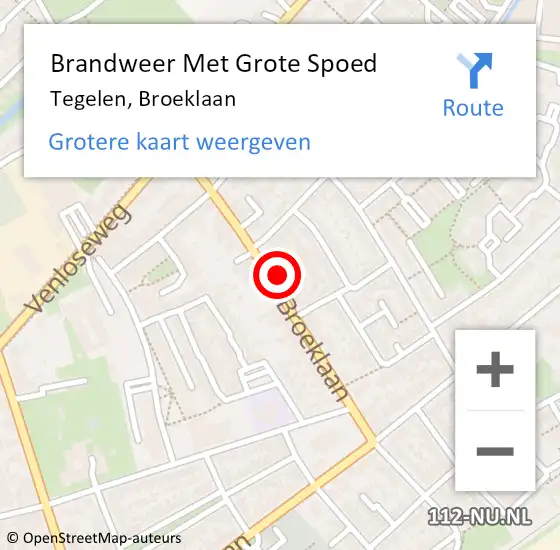 Locatie op kaart van de 112 melding: Brandweer Met Grote Spoed Naar Tegelen, Broeklaan op 4 februari 2022 15:47