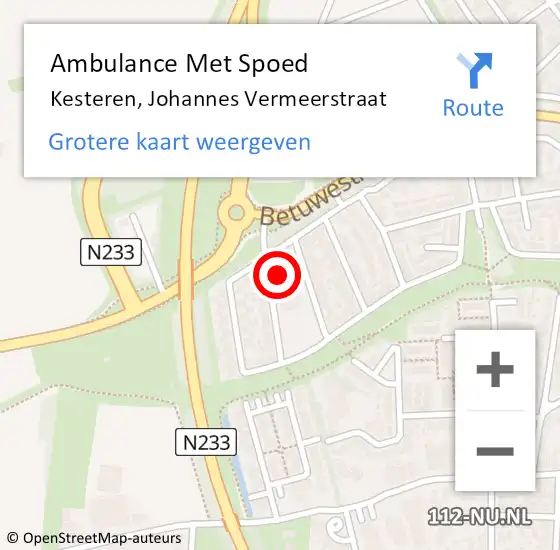 Locatie op kaart van de 112 melding: Ambulance Met Spoed Naar Kesteren, Johannes Vermeerstraat op 4 februari 2022 16:55