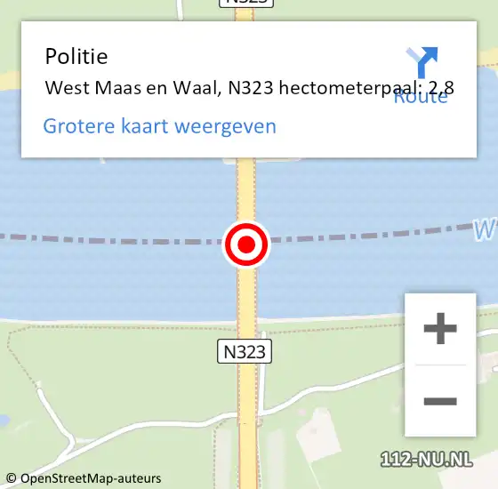 Locatie op kaart van de 112 melding: Politie West Maas en Waal, N323 hectometerpaal: 2,8 op 4 februari 2022 21:29