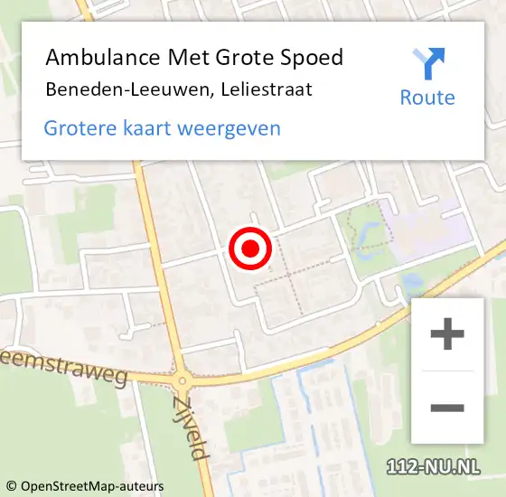 Locatie op kaart van de 112 melding: Ambulance Met Grote Spoed Naar Beneden-Leeuwen, Leliestraat op 4 februari 2022 22:19