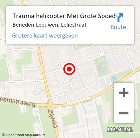 Locatie op kaart van de 112 melding: Trauma helikopter Met Grote Spoed Naar Beneden-Leeuwen, Leliestraat op 4 februari 2022 22:23