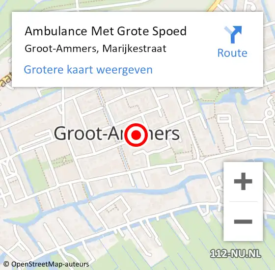 Locatie op kaart van de 112 melding: Ambulance Met Grote Spoed Naar Groot-Ammers, Marijkestraat op 4 februari 2022 22:27