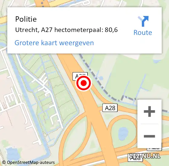 Locatie op kaart van de 112 melding: Politie Utrecht, A27 hectometerpaal: 80,6 op 5 februari 2022 03:15