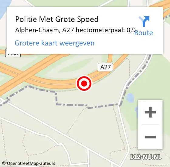 Locatie op kaart van de 112 melding: Politie Met Grote Spoed Naar Alphen-Chaam, A27 hectometerpaal: 0,9 op 5 februari 2022 04:19