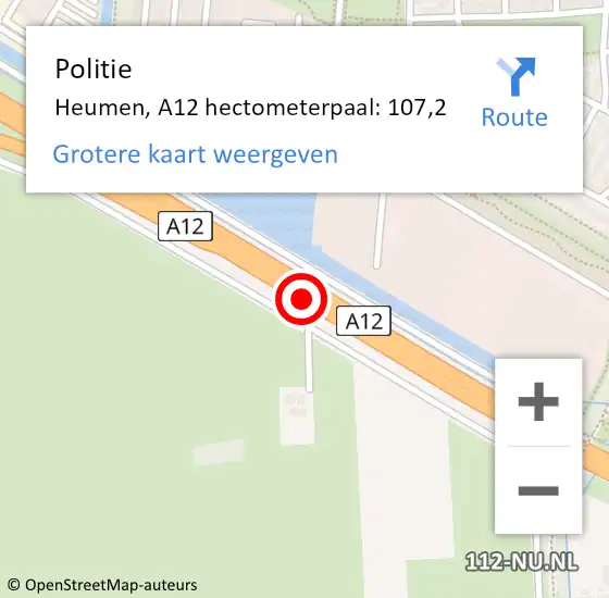 Locatie op kaart van de 112 melding: Politie Heumen, A12 hectometerpaal: 107,2 op 5 februari 2022 05:12