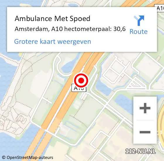 Locatie op kaart van de 112 melding: Ambulance Met Spoed Naar Amsterdam, A10 hectometerpaal: 30,6 op 5 februari 2022 06:54