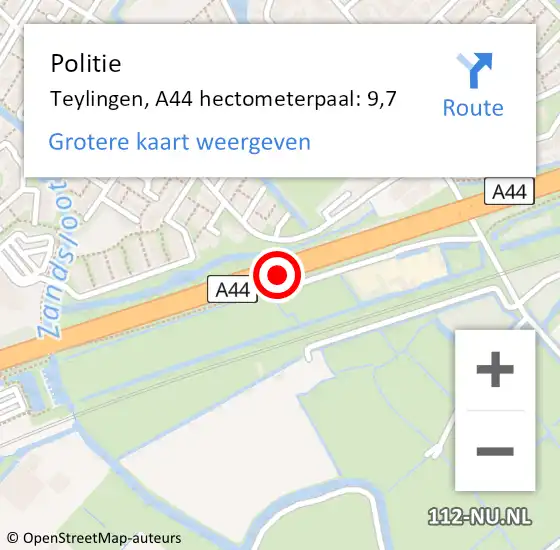 Locatie op kaart van de 112 melding: Politie Teylingen, A44 hectometerpaal: 9,7 op 5 februari 2022 08:15