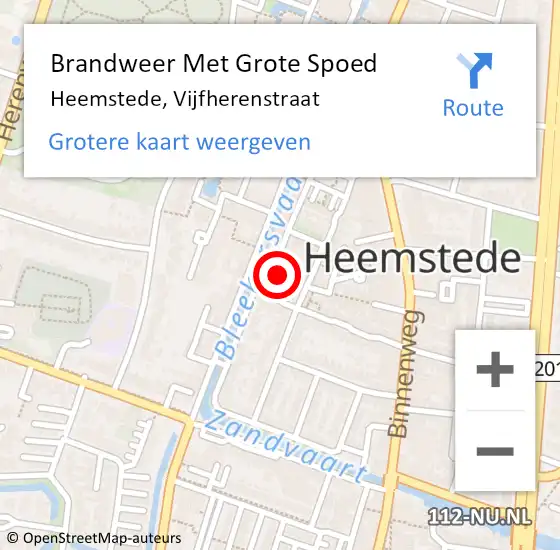 Locatie op kaart van de 112 melding: Brandweer Met Grote Spoed Naar Heemstede, Vijfherenstraat op 5 februari 2022 13:21