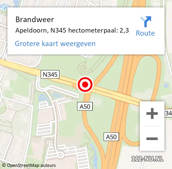 Locatie op kaart van de 112 melding: Brandweer Apeldoorn, N345 hectometerpaal: 2,3 op 5 februari 2022 13:48