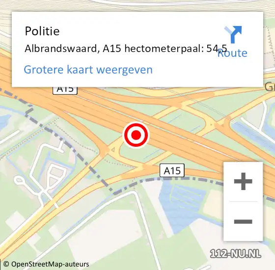 Locatie op kaart van de 112 melding: Politie Albrandswaard, A15 hectometerpaal: 54,5 op 5 februari 2022 14:01