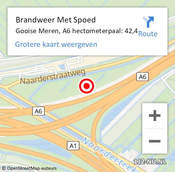 Locatie op kaart van de 112 melding: Brandweer Met Spoed Naar Gooise Meren, A6 hectometerpaal: 42,4 op 5 februari 2022 14:40