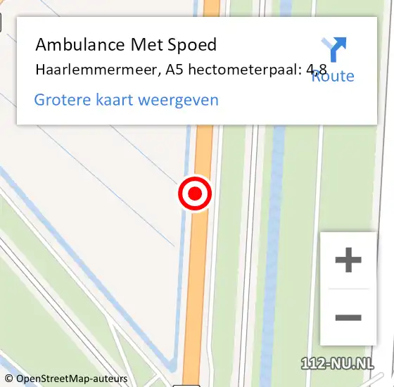 Locatie op kaart van de 112 melding: Ambulance Met Spoed Naar Haarlemmermeer, A5 hectometerpaal: 4,8 op 5 februari 2022 14:40
