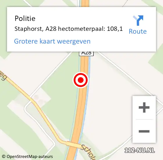 Locatie op kaart van de 112 melding: Politie Staphorst, A28 hectometerpaal: 108,1 op 5 februari 2022 15:24