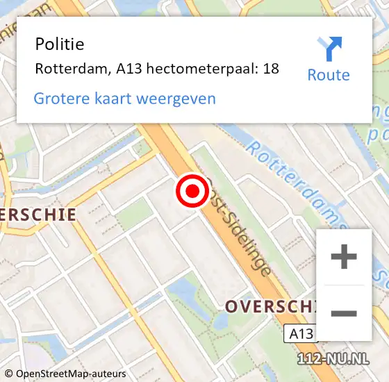 Locatie op kaart van de 112 melding: Politie Rotterdam, A13 hectometerpaal: 18 op 5 februari 2022 18:44