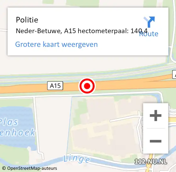 Locatie op kaart van de 112 melding: Politie Neder-Betuwe, A15 hectometerpaal: 140,4 op 5 februari 2022 22:10