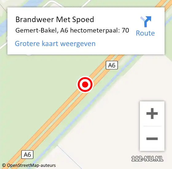 Locatie op kaart van de 112 melding: Brandweer Met Spoed Naar Gemert-Bakel, A6 hectometerpaal: 70 op 6 februari 2022 04:08