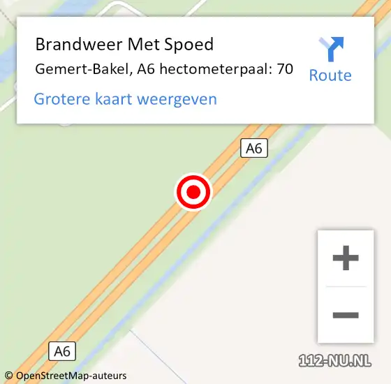 Locatie op kaart van de 112 melding: Brandweer Met Spoed Naar Gemert-Bakel, A6 hectometerpaal: 70 op 6 februari 2022 04:26