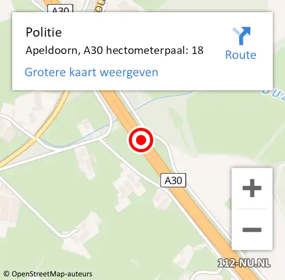 Locatie op kaart van de 112 melding: Politie Apeldoorn, A30 hectometerpaal: 18 op 6 februari 2022 05:09
