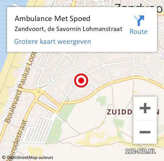 Locatie op kaart van de 112 melding: Ambulance Met Spoed Naar Zandvoort, de Savornin Lohmanstraat op 6 februari 2022 05:37