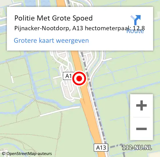 Locatie op kaart van de 112 melding: Politie Met Grote Spoed Naar Pijnacker-Nootdorp, A13 hectometerpaal: 12,8 op 6 februari 2022 08:16