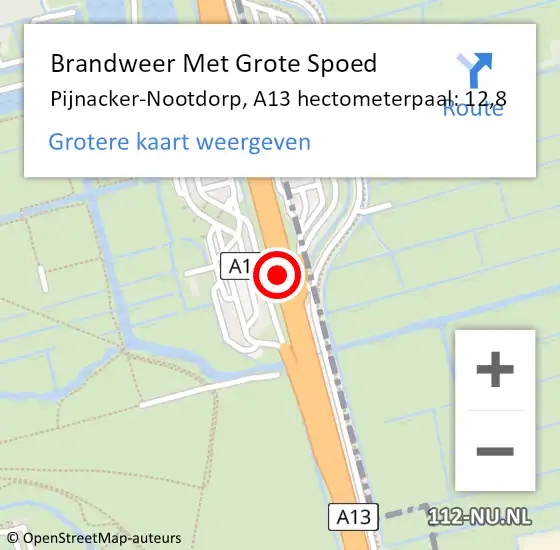 Locatie op kaart van de 112 melding: Brandweer Met Grote Spoed Naar Pijnacker-Nootdorp, A13 hectometerpaal: 12,8 op 6 februari 2022 08:17