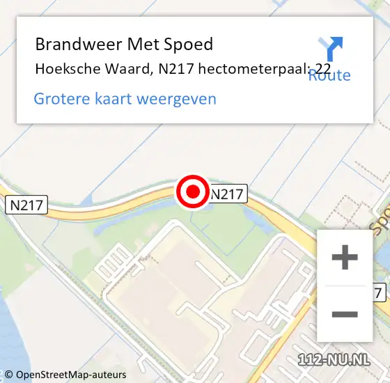 Locatie op kaart van de 112 melding: Brandweer Met Spoed Naar Hoeksche Waard, N217 hectometerpaal: 22 op 6 februari 2022 09:54