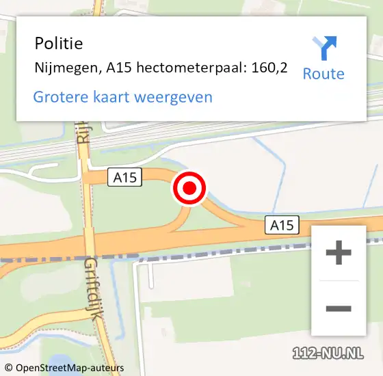 Locatie op kaart van de 112 melding: Politie Nijmegen, A15 hectometerpaal: 160,2 op 6 februari 2022 10:00