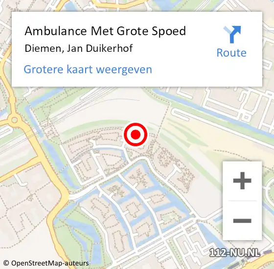 Locatie op kaart van de 112 melding: Ambulance Met Grote Spoed Naar Diemen, Jan Duikerhof op 6 februari 2022 10:01