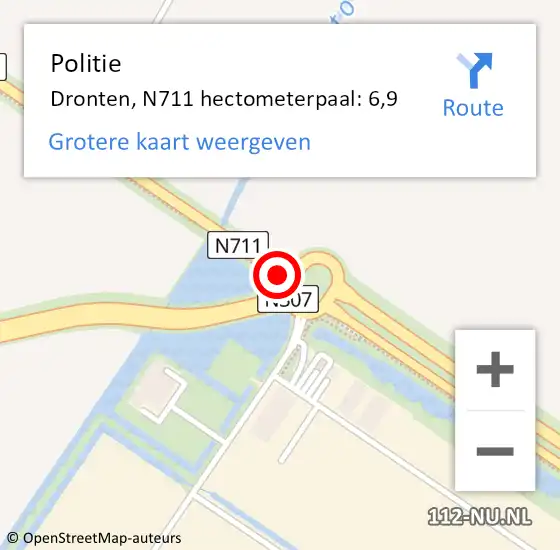 Locatie op kaart van de 112 melding: Politie Dronten, N711 hectometerpaal: 6,9 op 6 februari 2022 11:19