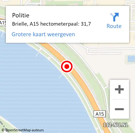 Locatie op kaart van de 112 melding: Politie Brielle, A15 hectometerpaal: 31,7 op 6 februari 2022 11:59