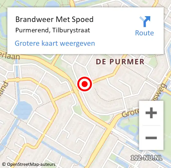 Locatie op kaart van de 112 melding: Brandweer Met Spoed Naar Purmerend, Tilburystraat op 6 februari 2022 12:13