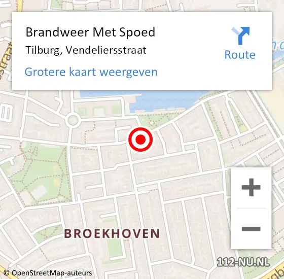 Locatie op kaart van de 112 melding: Brandweer Met Spoed Naar Tilburg, Vendeliersstraat op 6 februari 2022 12:27