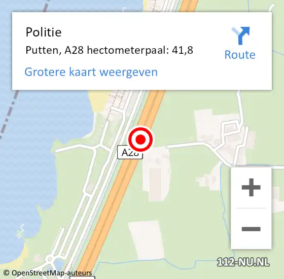 Locatie op kaart van de 112 melding: Politie Putten, A28 hectometerpaal: 41,8 op 6 februari 2022 13:17