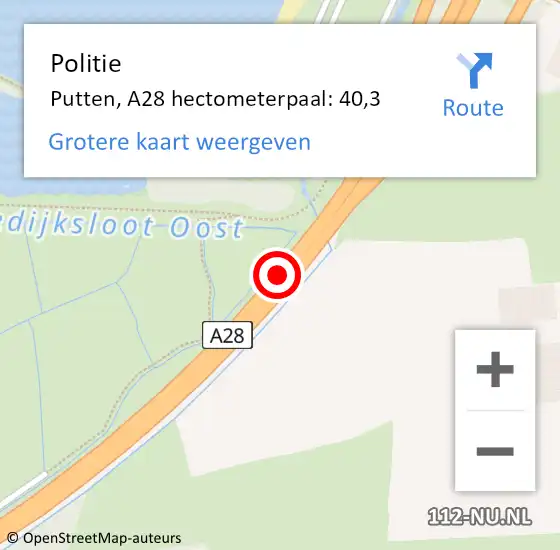 Locatie op kaart van de 112 melding: Politie Putten, A28 hectometerpaal: 40,3 op 6 februari 2022 13:18