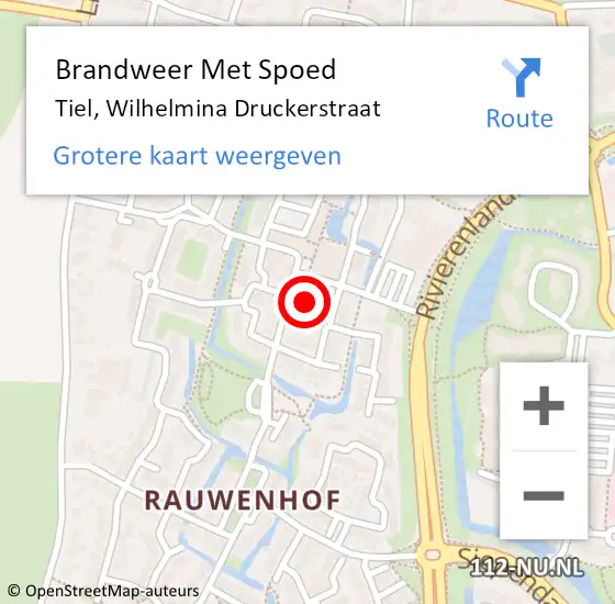 Locatie op kaart van de 112 melding: Brandweer Met Spoed Naar Tiel, Wilhelmina Druckerstraat op 6 februari 2022 14:48