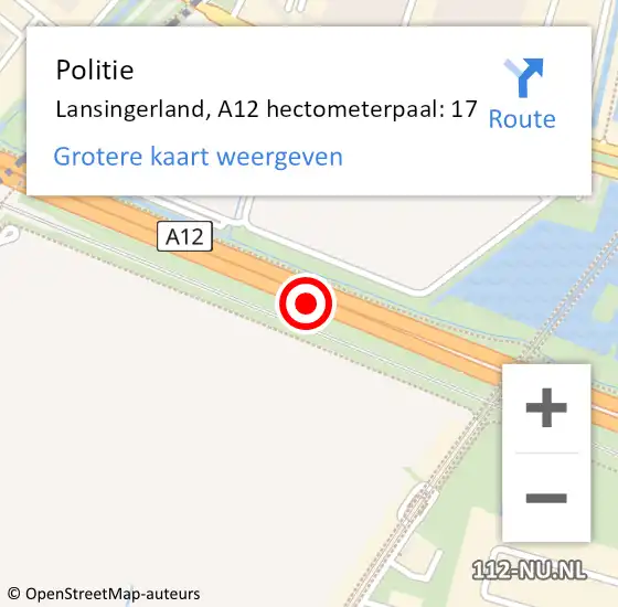 Locatie op kaart van de 112 melding: Politie Lansingerland, A12 hectometerpaal: 17 op 6 februari 2022 15:22