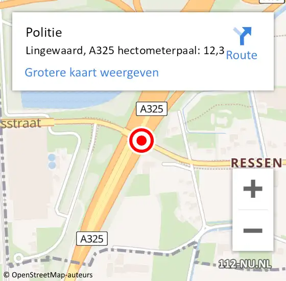 Locatie op kaart van de 112 melding: Politie Lingewaard, A325 hectometerpaal: 12,3 op 6 februari 2022 16:02