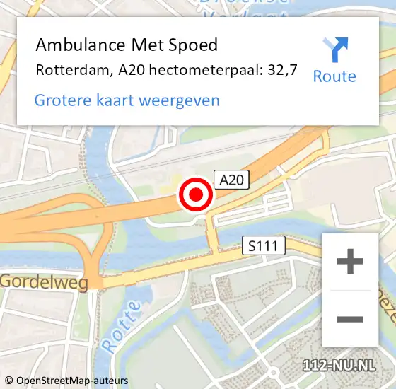 Locatie op kaart van de 112 melding: Ambulance Met Spoed Naar Rotterdam, A20 hectometerpaal: 32,7 op 6 februari 2022 18:05