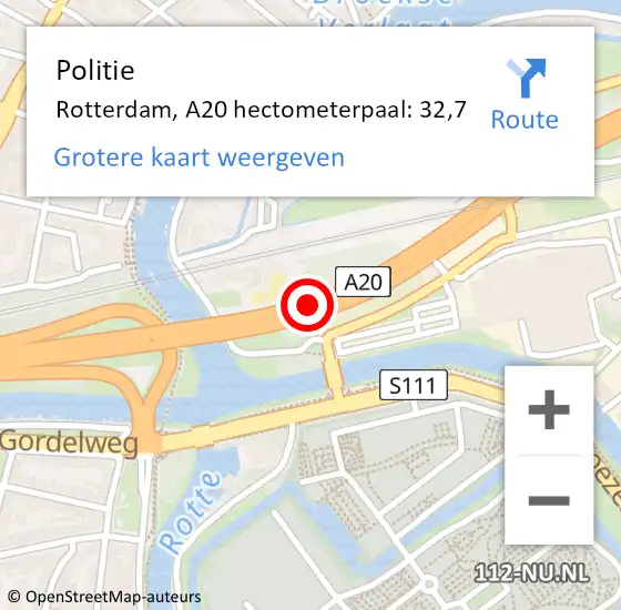 Locatie op kaart van de 112 melding: Politie Rotterdam, A20 hectometerpaal: 32,7 op 6 februari 2022 18:05