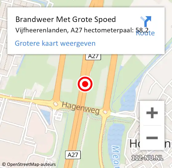 Locatie op kaart van de 112 melding: Brandweer Met Grote Spoed Naar Vijfheerenlanden, A27 hectometerpaal: 58,2 op 6 februari 2022 18:07