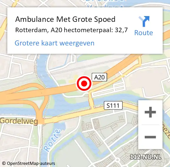 Locatie op kaart van de 112 melding: Ambulance Met Grote Spoed Naar Rotterdam, A20 hectometerpaal: 32,7 op 6 februari 2022 18:09