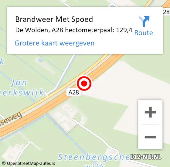 Locatie op kaart van de 112 melding: Brandweer Met Spoed Naar De Wolden, A28 hectometerpaal: 129,4 op 6 februari 2022 18:40