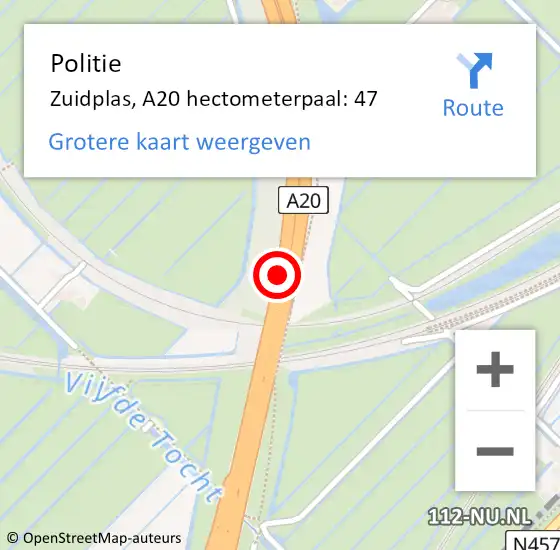 Locatie op kaart van de 112 melding: Politie Zuidplas, A20 hectometerpaal: 47 op 6 februari 2022 20:16