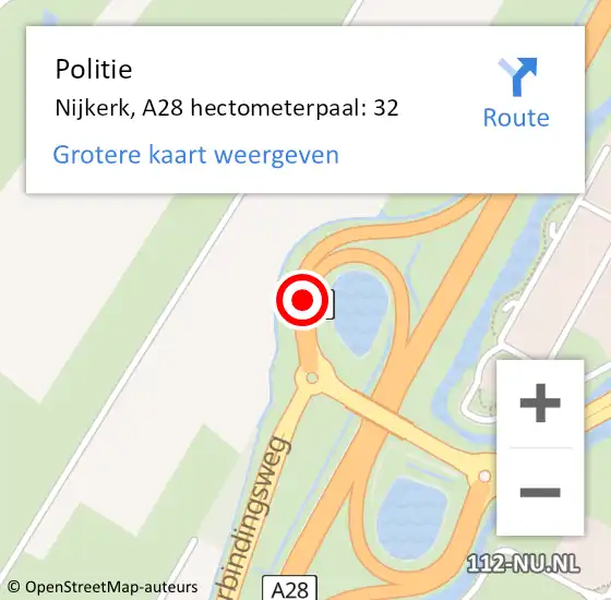 Locatie op kaart van de 112 melding: Politie Nijkerk, A28 hectometerpaal: 32 op 6 februari 2022 23:35