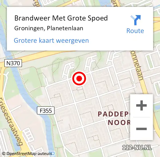 Locatie op kaart van de 112 melding: Brandweer Met Grote Spoed Naar Groningen, Planetenlaan op 7 februari 2022 01:30